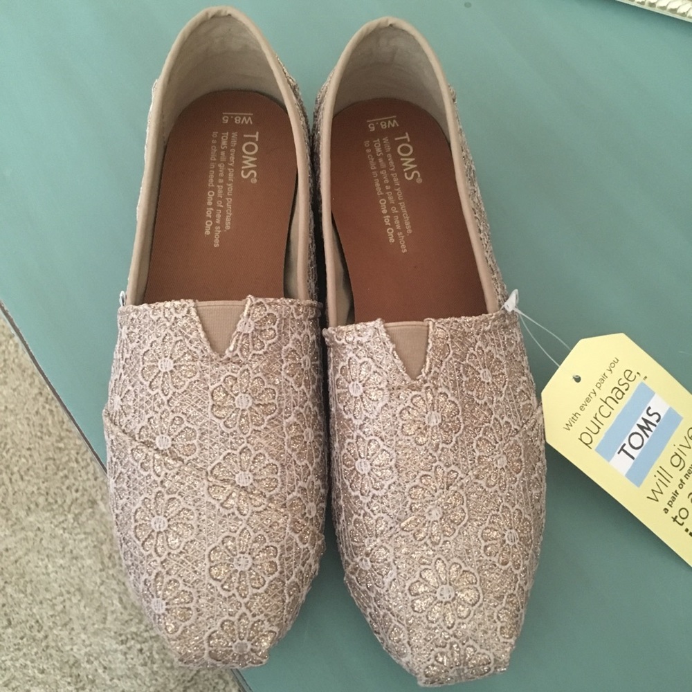 TOMS rose gold crochet glitter slip on shoes